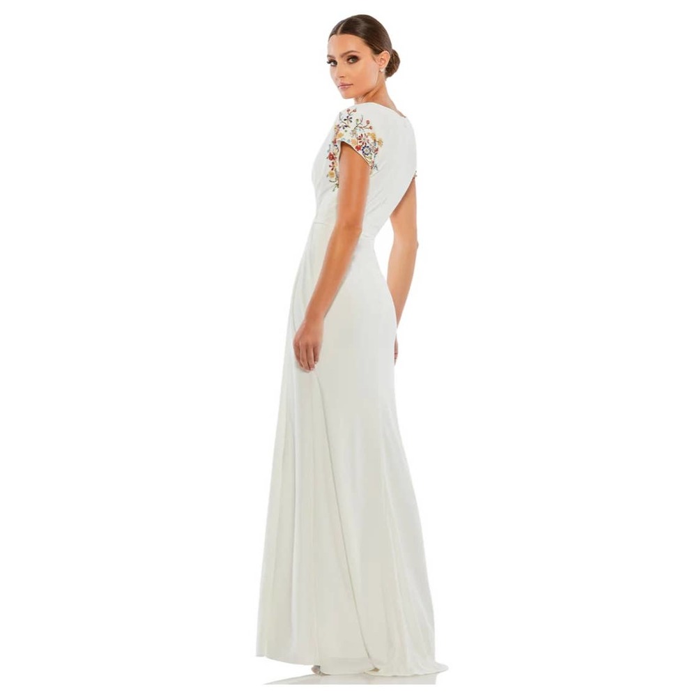 Mac Duggal Embelished Sleeve Jersey Wrap Gown White Size 10 - Picture 3 of 9